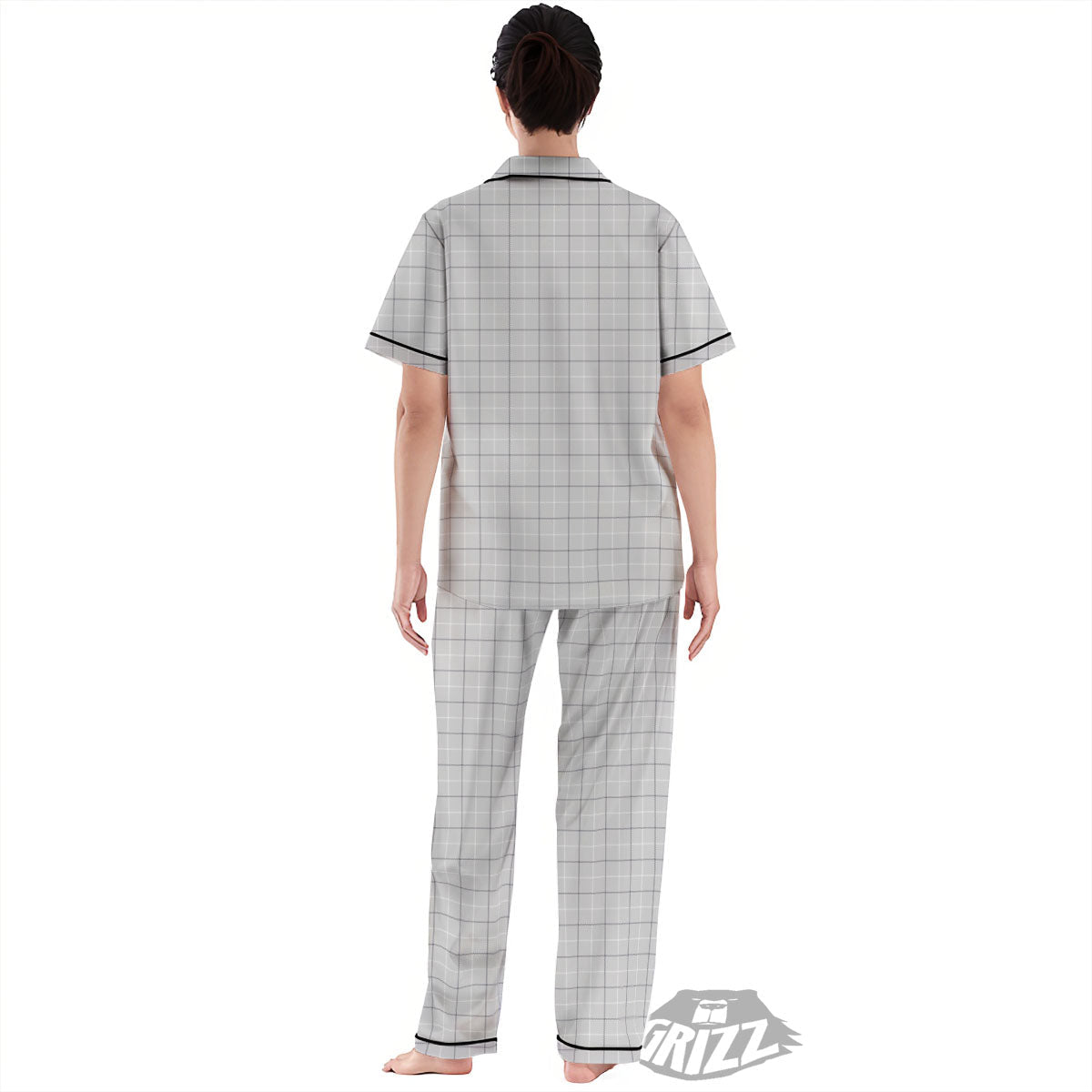 Tattersall Grey Print Pattern Women's Pajamas Set-grizzshop
