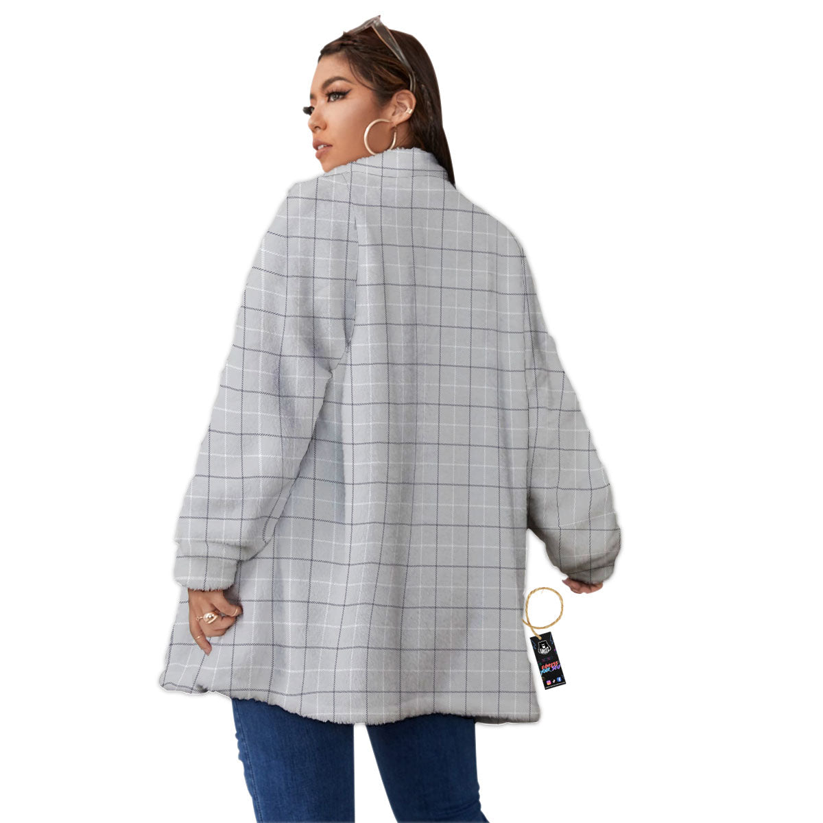 Tattersall Grey Print Pattern Women's Sherpa Jacket-grizzshop