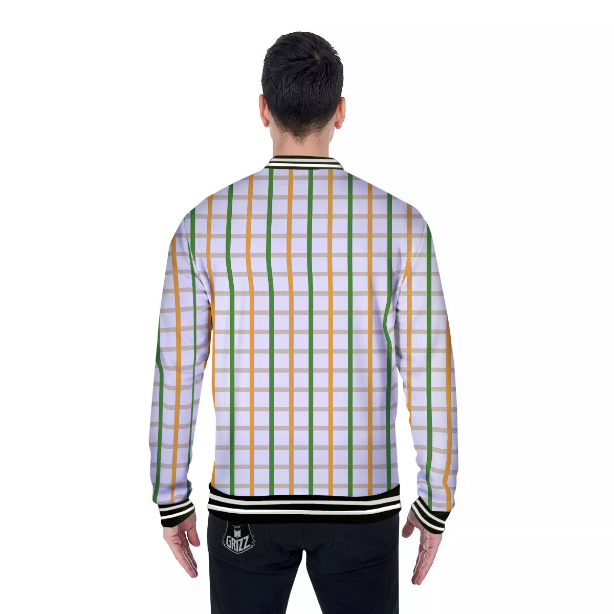 Tattersall Orange And Green Line Print Baseball Jacket-grizzshop