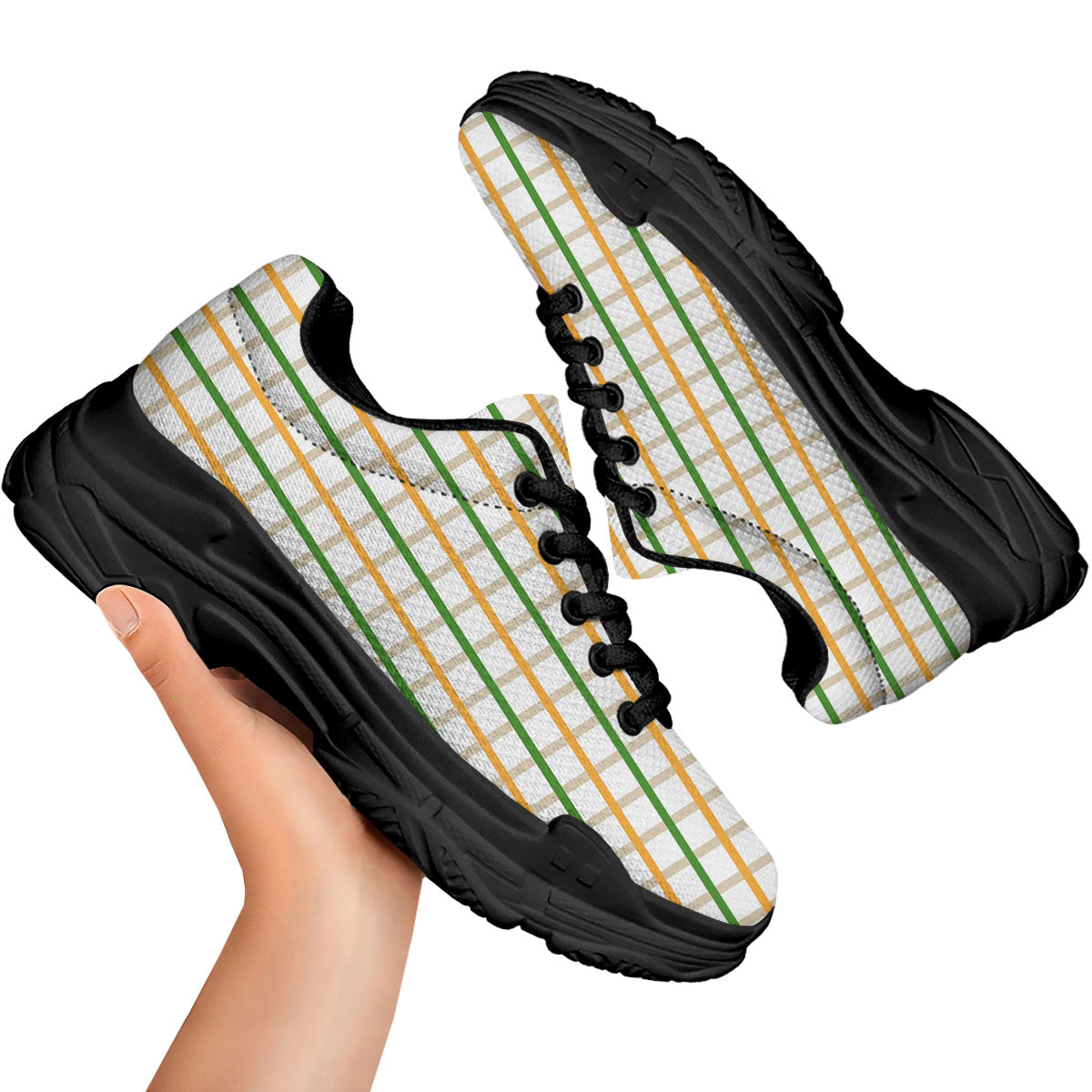 Tattersall Orange And Green Line Print Black Chunky Shoes-grizzshop