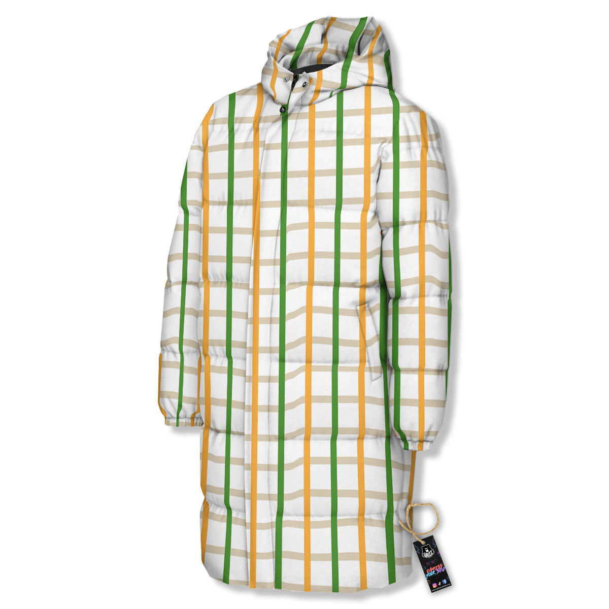 Tattersall Orange And Green Line Print Long Down Jacket-grizzshop