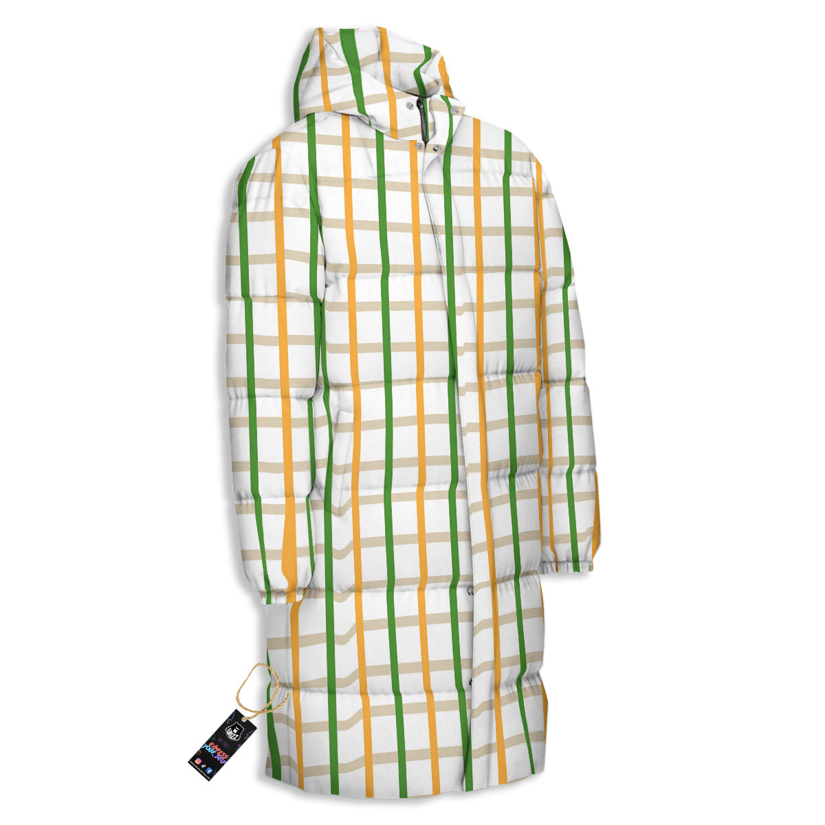 Tattersall Orange And Green Line Print Long Down Jacket-grizzshop