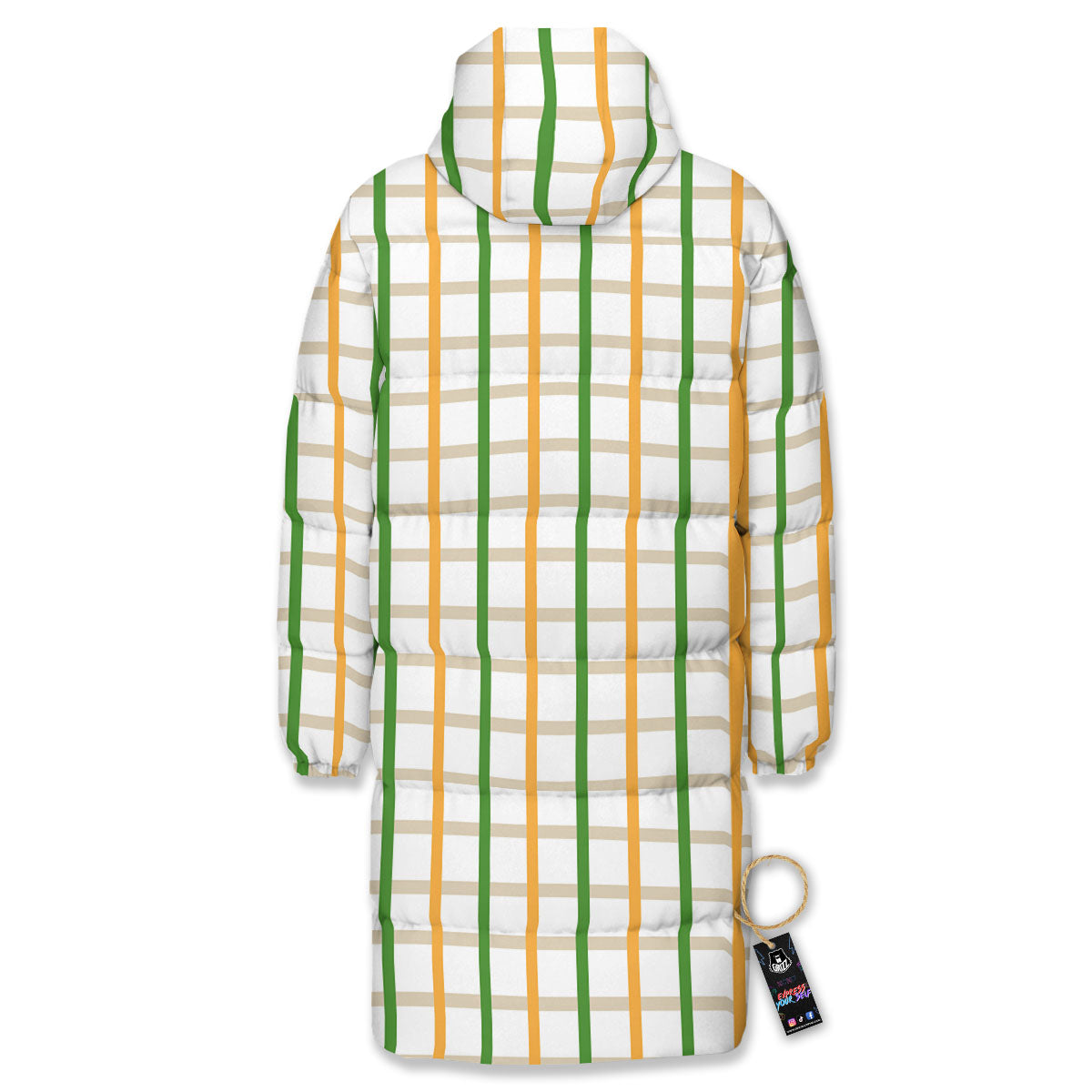 Tattersall Orange And Green Line Print Long Down Jacket-grizzshop
