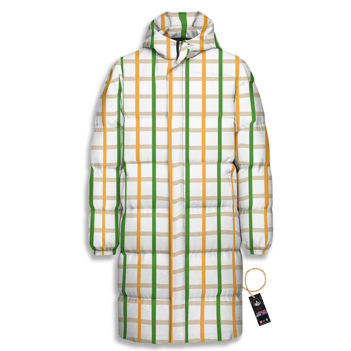 Tattersall Orange And Green Line Print Long Down Jacket-grizzshop