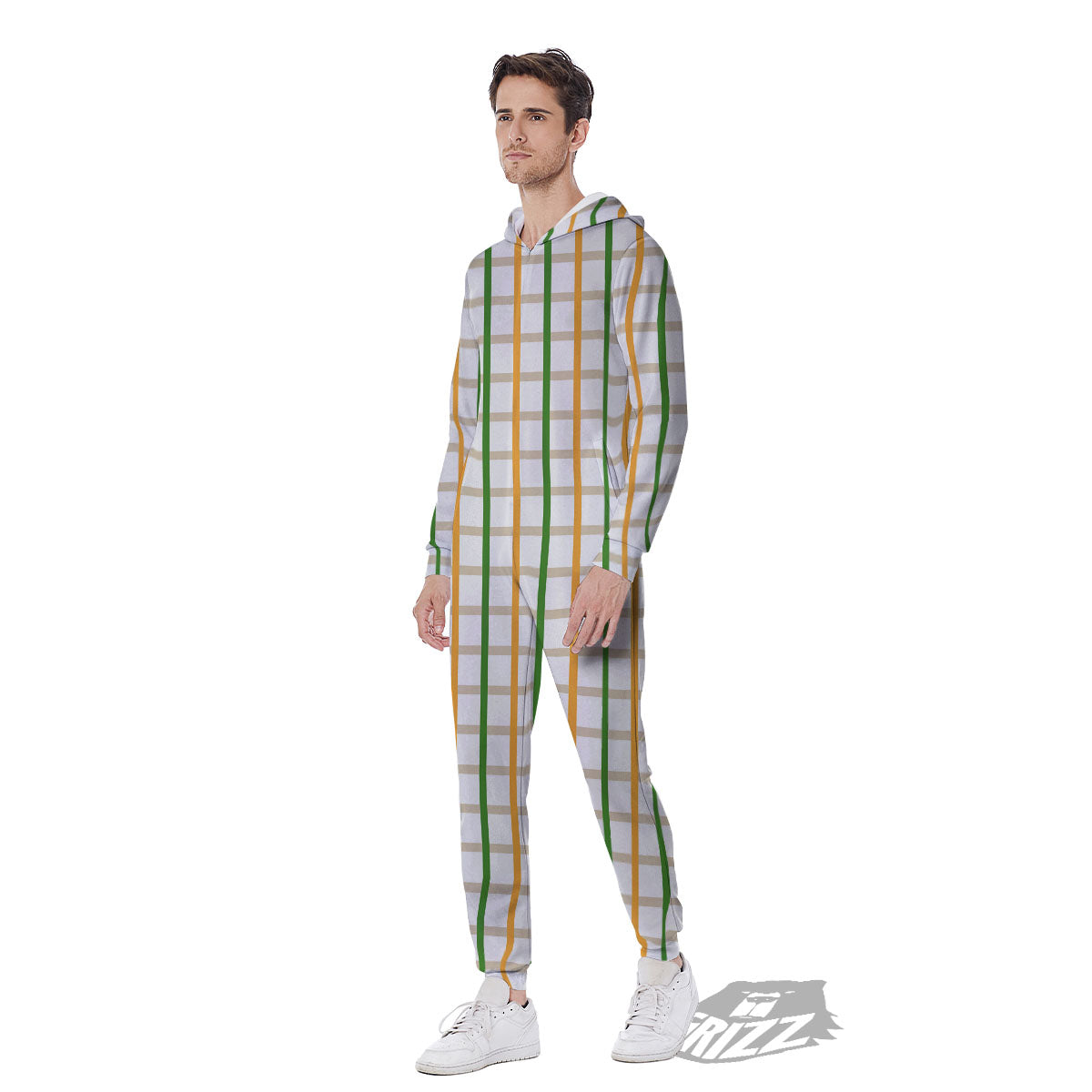 Tattersall Orange And Green Line Print Men's Jumpsuit-grizzshop