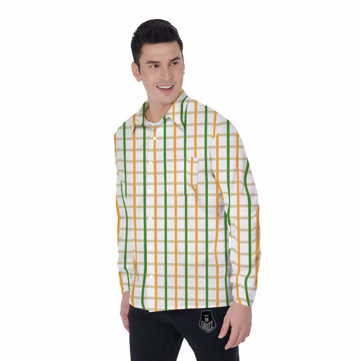 Tattersall Orange And Green Line Print Men's Long Sleeve Shirts-grizzshop