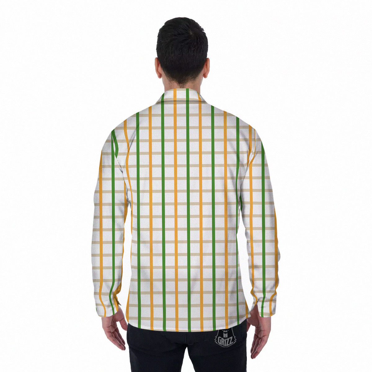 Tattersall Orange And Green Line Print Men's Long Sleeve Shirts-grizzshop