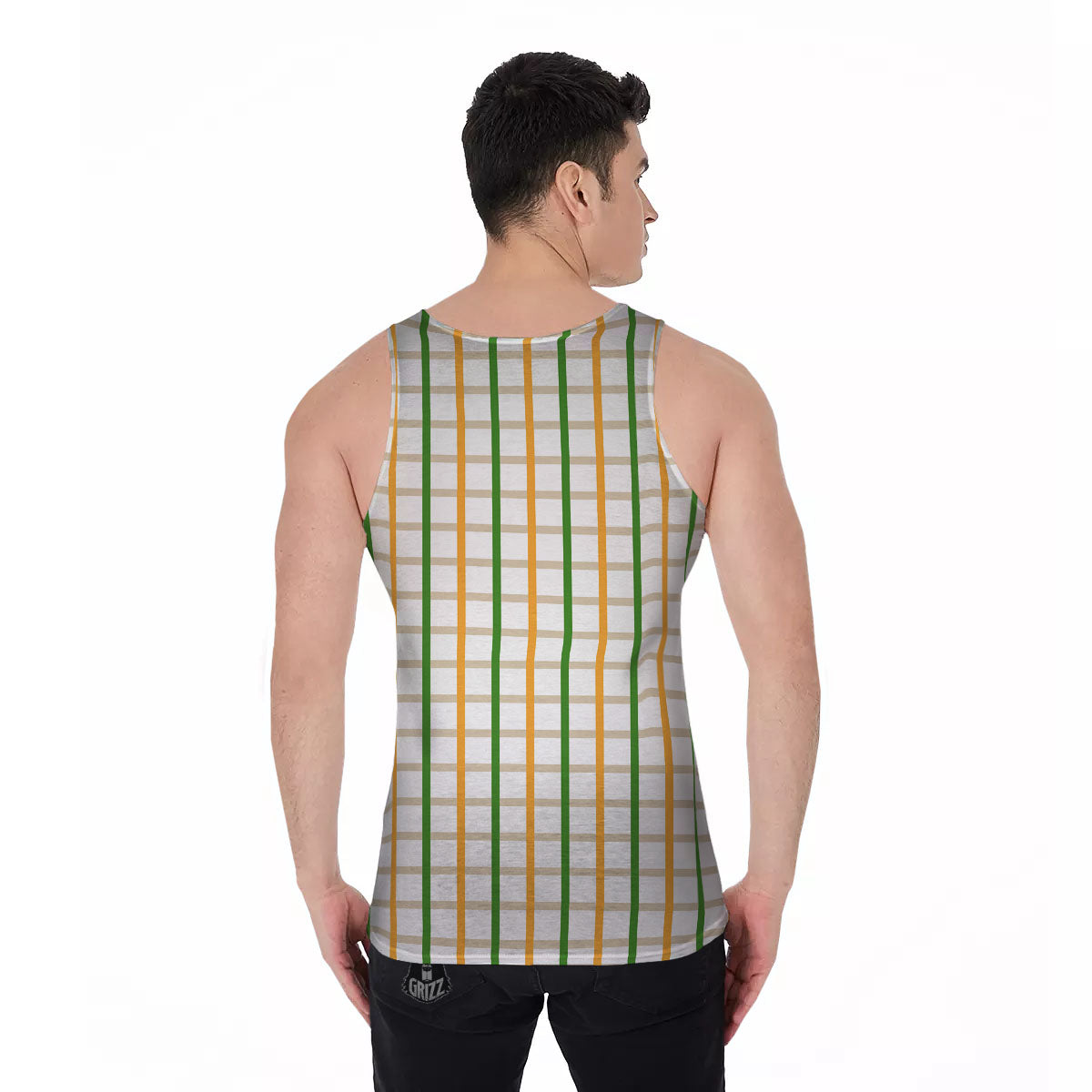 Tattersall Orange And Green Line Print Men's Tank Top-grizzshop