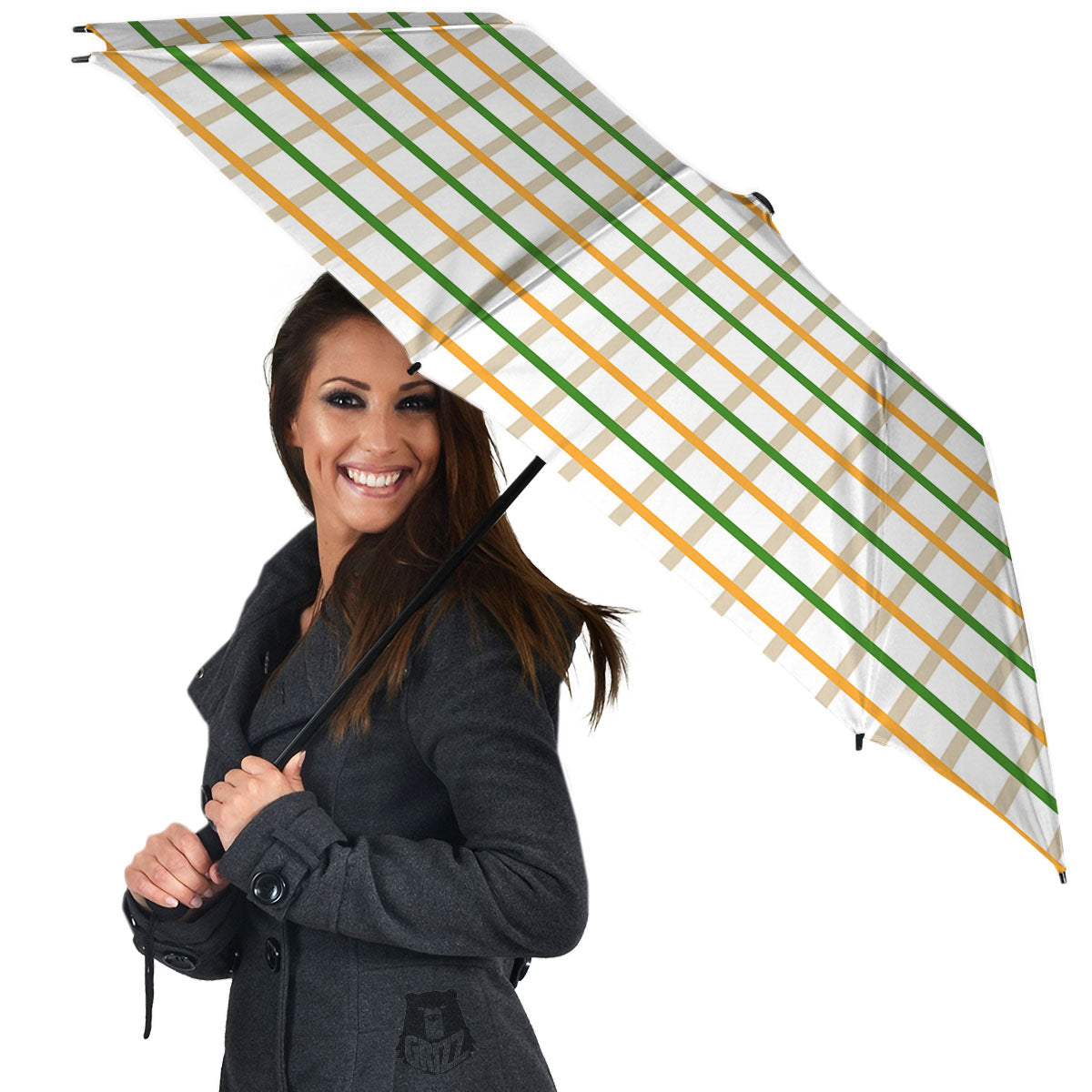 Tattersall Orange And Green Line Print Umbrella-grizzshop