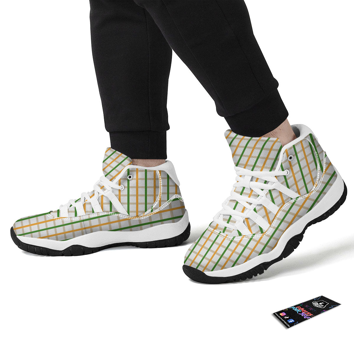 Tattersall Orange And Green Line Print White Bball Shoes-grizzshop