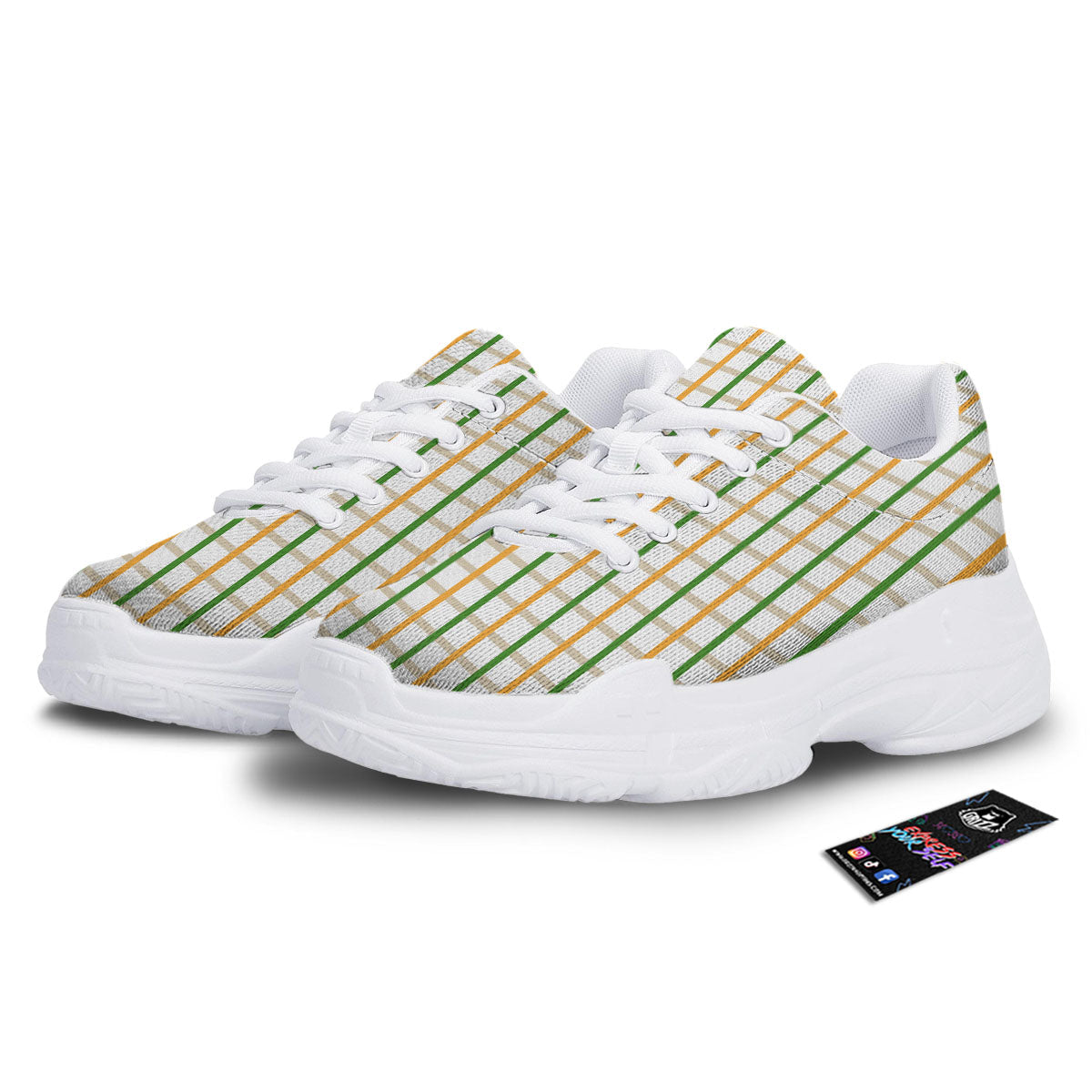 Tattersall Orange And Green Line Print White Chunky Shoes-grizzshop