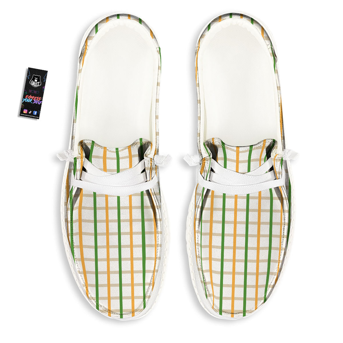 Tattersall Orange And Green Line Print White Loafers-grizzshop