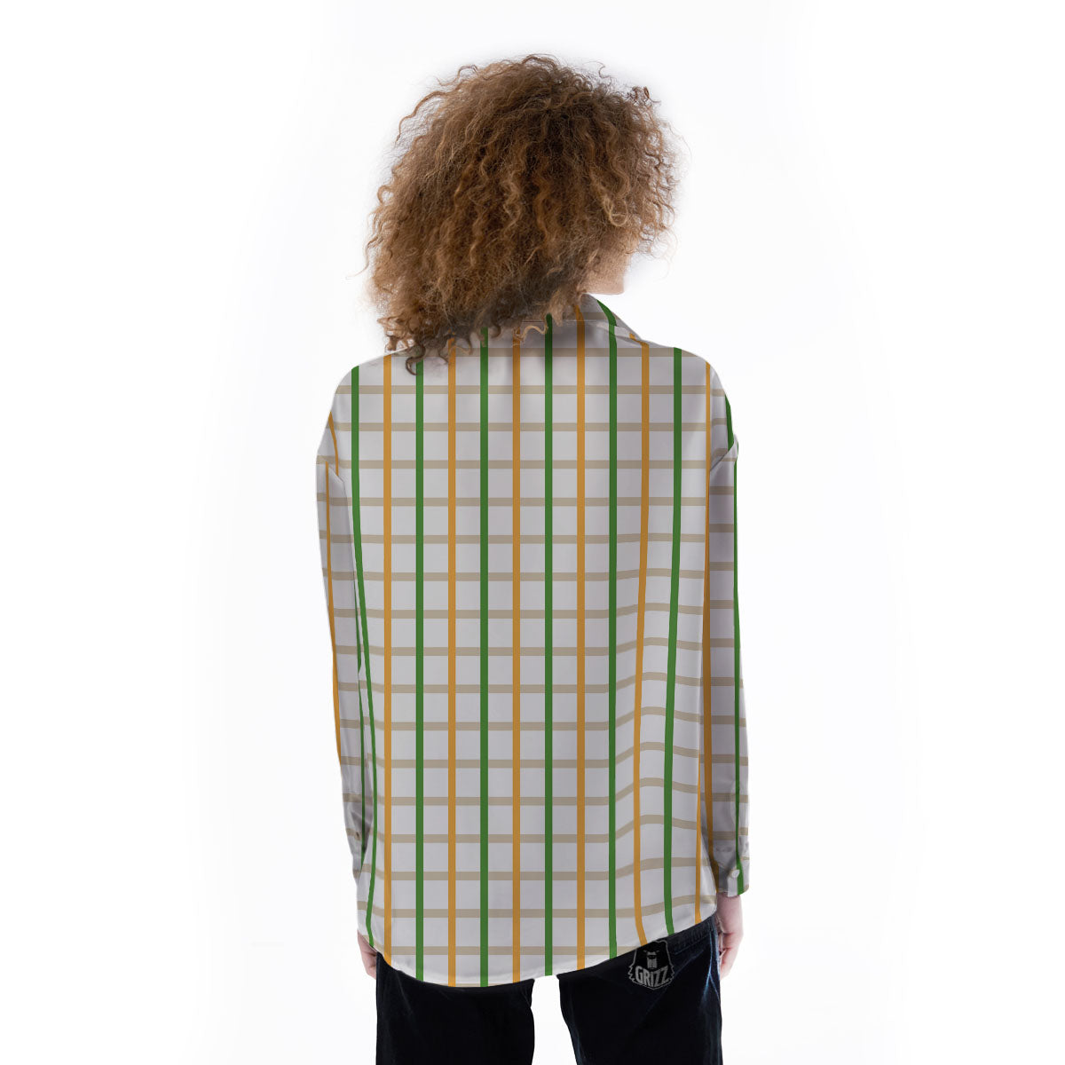 Tattersall Orange And Green Line Print Women's Long Sleeve Shirts-grizzshop