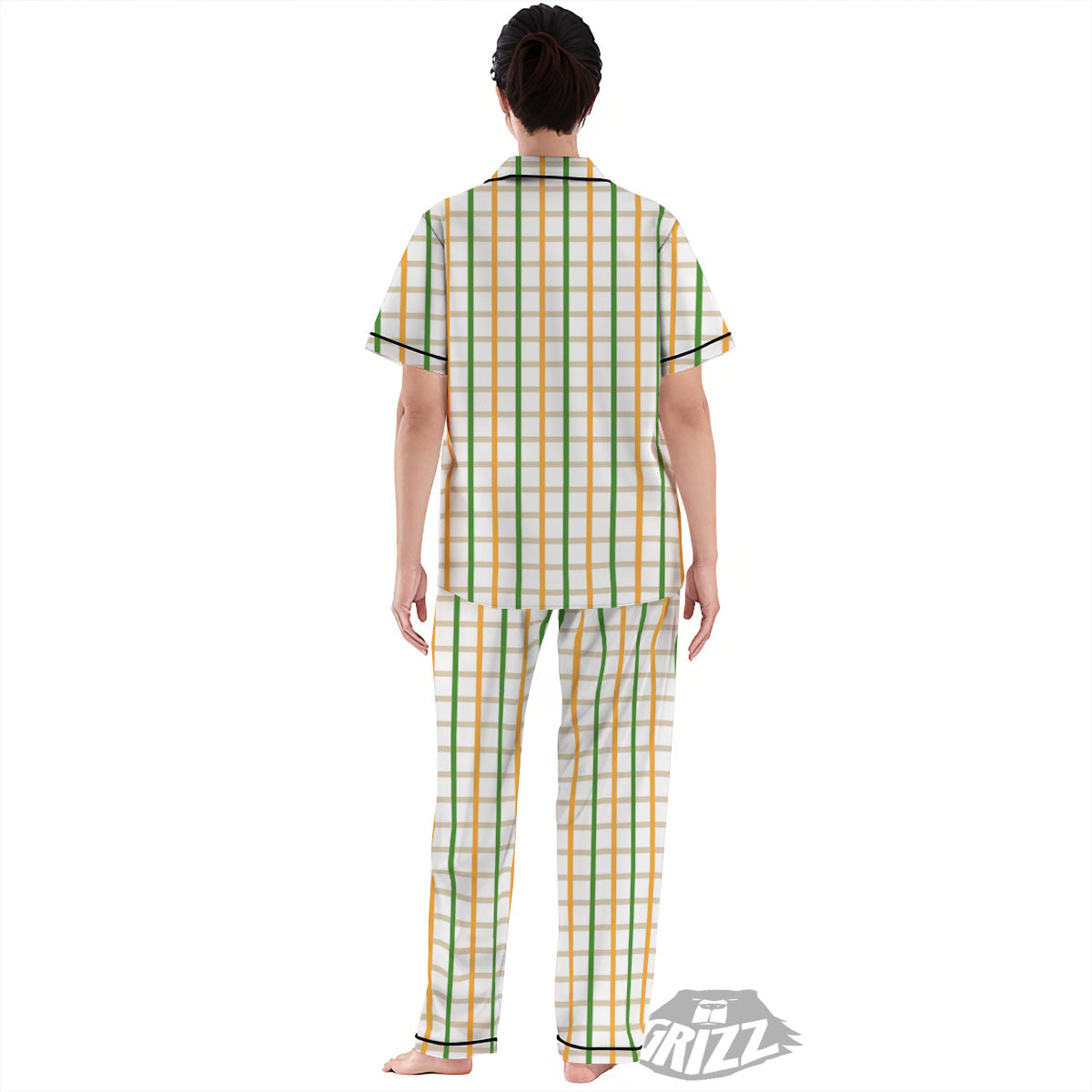 Tattersall Orange And Green Line Print Women's Pajamas Set-grizzshop