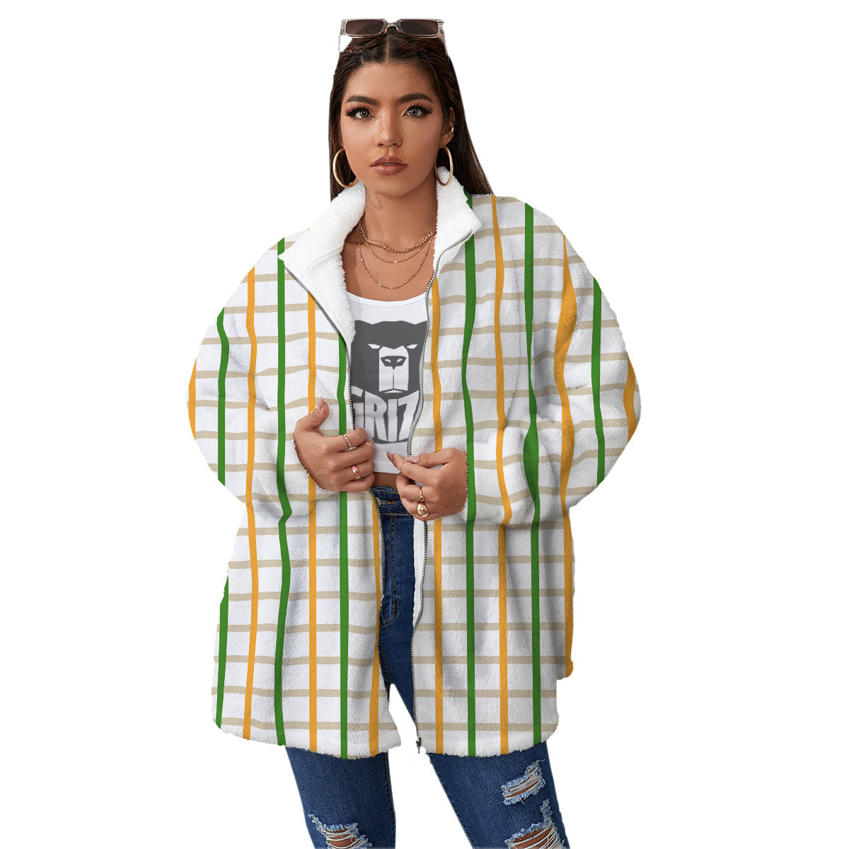 Tattersall Orange And Green Line Print Women's Sherpa Jacket-grizzshop