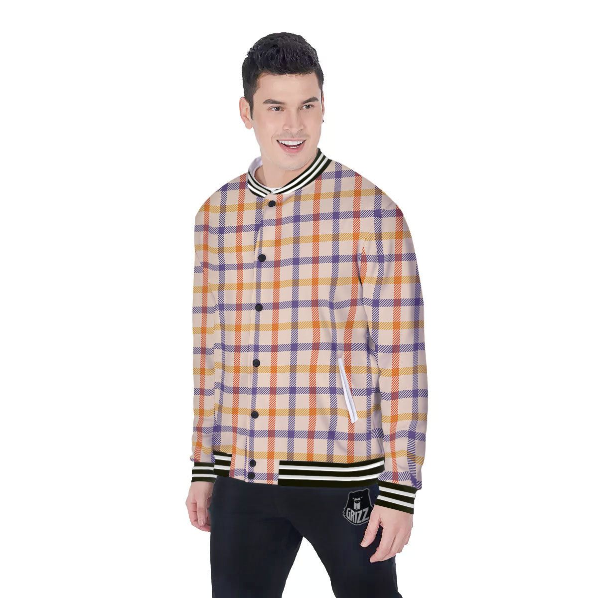 Tattersall Orange And Purple Print Pattern Baseball Jacket-grizzshop