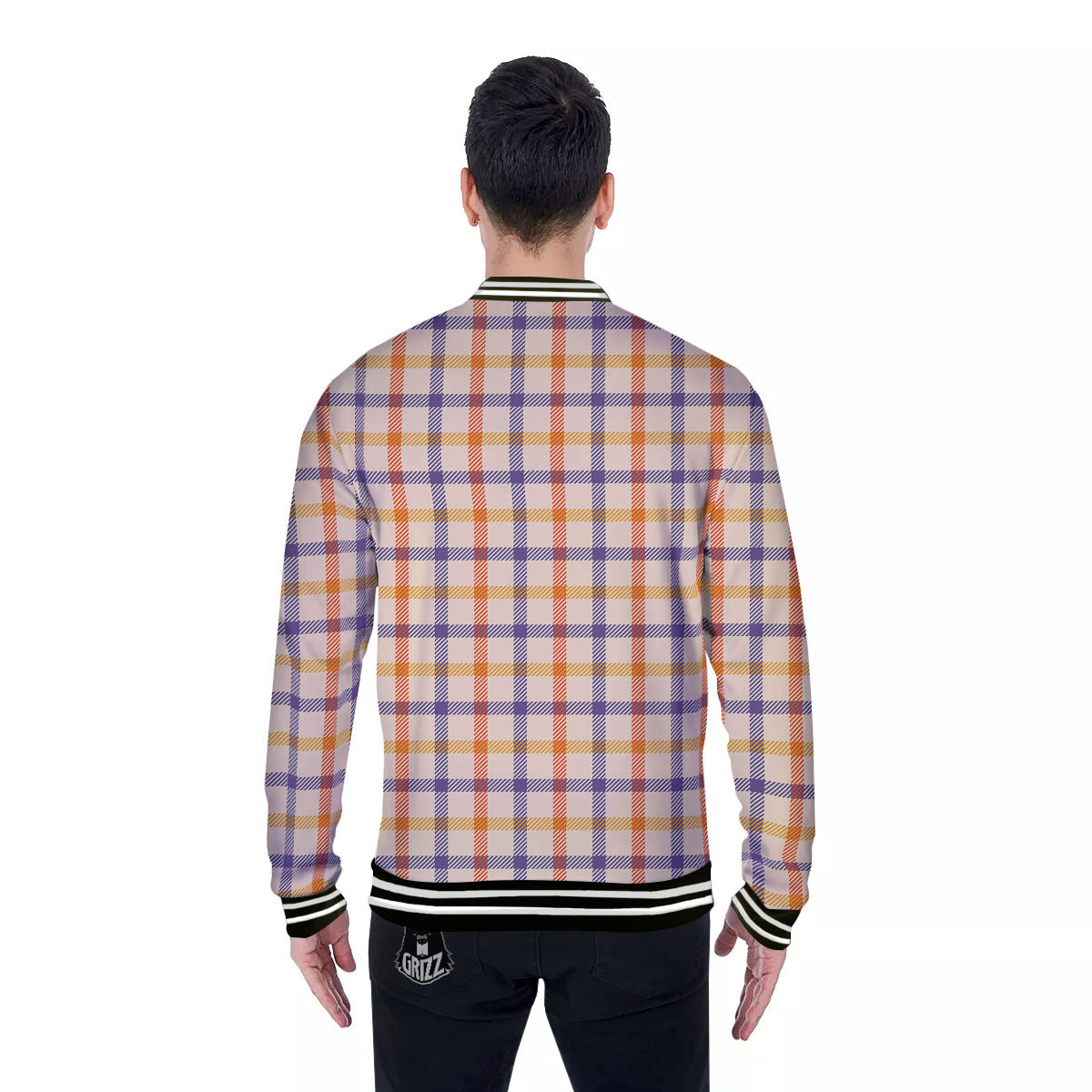 Tattersall Orange And Purple Print Pattern Baseball Jacket-grizzshop