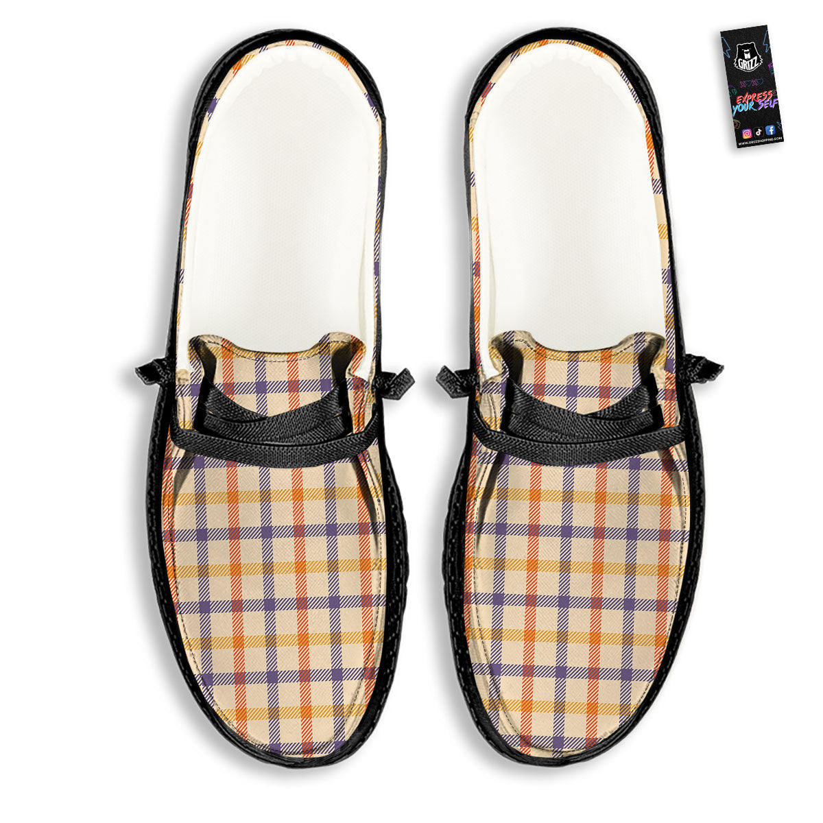 Tattersall Orange And Purple Print Pattern Black Loafers-grizzshop