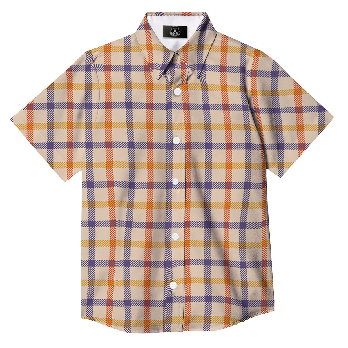 Tattersall Orange And Purple Print Pattern Button Up Shirt-grizzshop