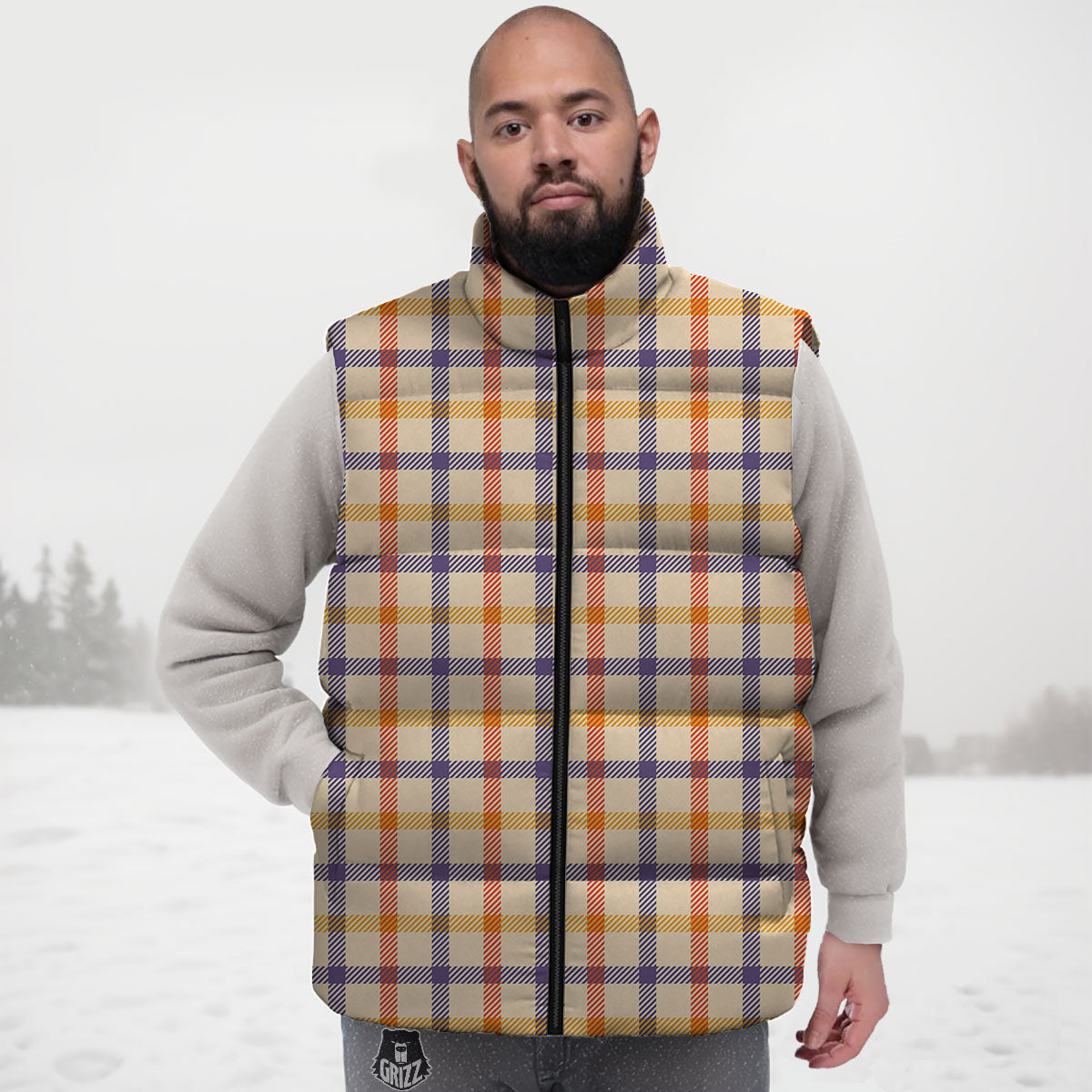 Tattersall Orange And Purple Print Pattern Down Vest