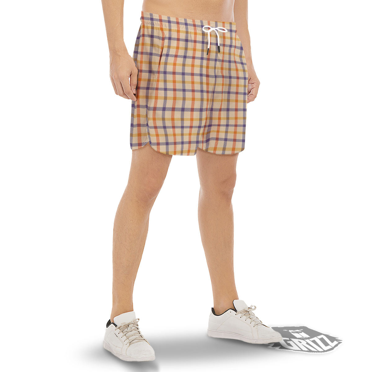 Tattersall Orange And Purple Print Pattern Men's Gym Shorts-grizzshop