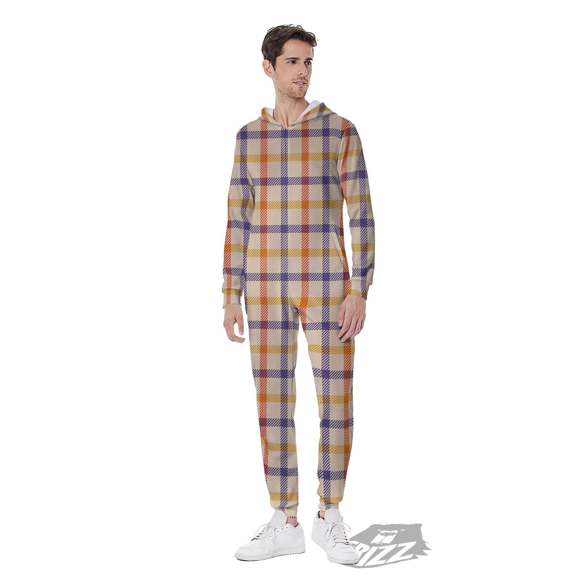 Tattersall Orange And Purple Print Pattern Men's Jumpsuit-grizzshop