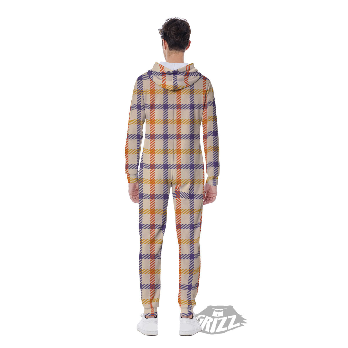 Tattersall Orange And Purple Print Pattern Men's Jumpsuit-grizzshop