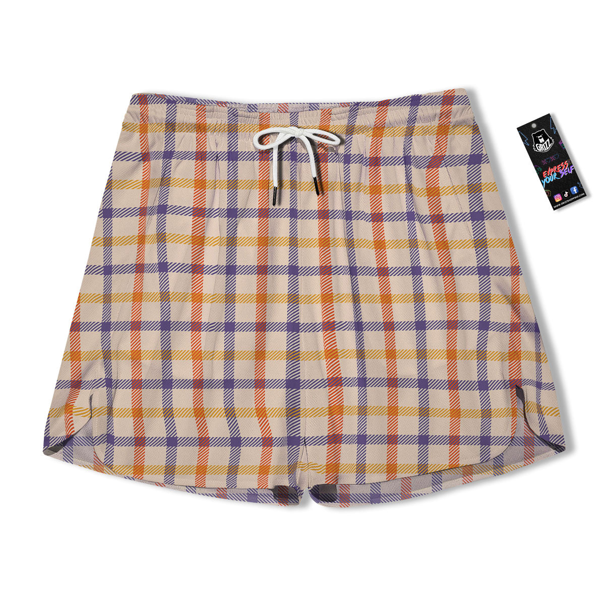 Tattersall Orange And Purple Print Pattern Men's Running Shorts-grizzshop
