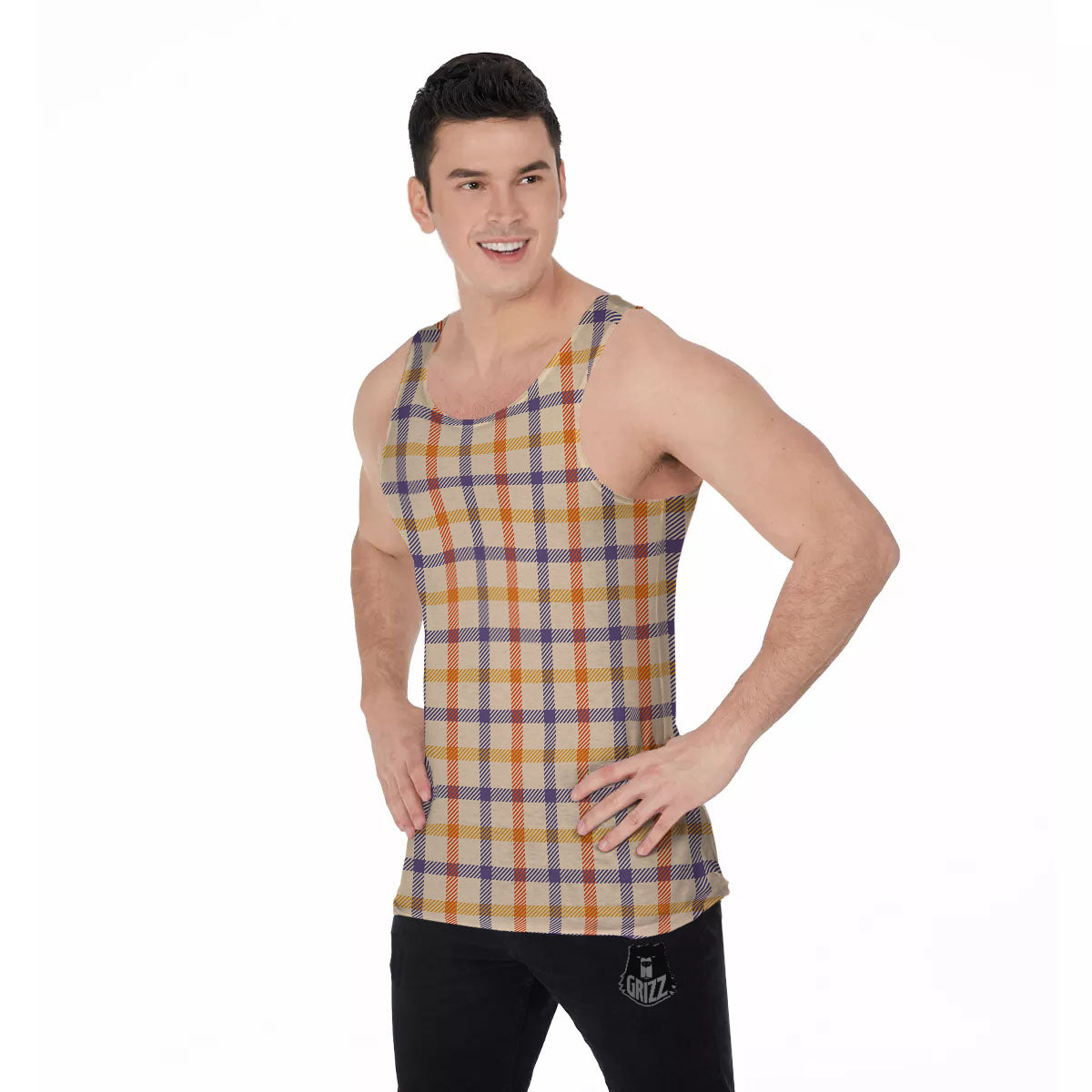 Tattersall Orange And Purple Print Pattern Men's Tank Top-grizzshop