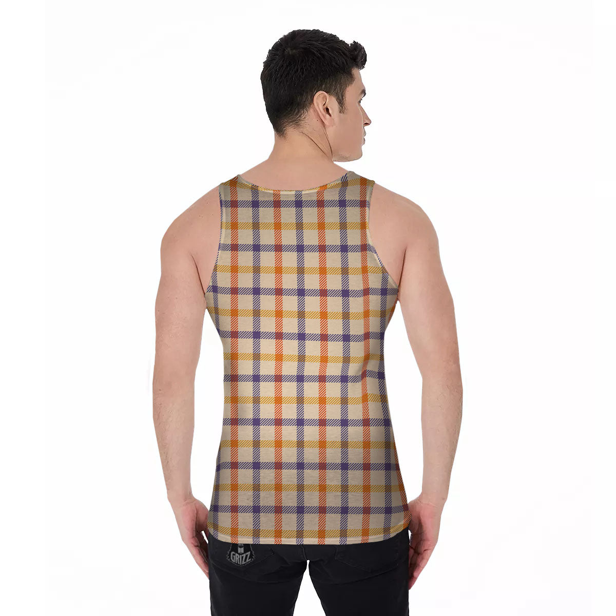 Tattersall Orange And Purple Print Pattern Men's Tank Top-grizzshop