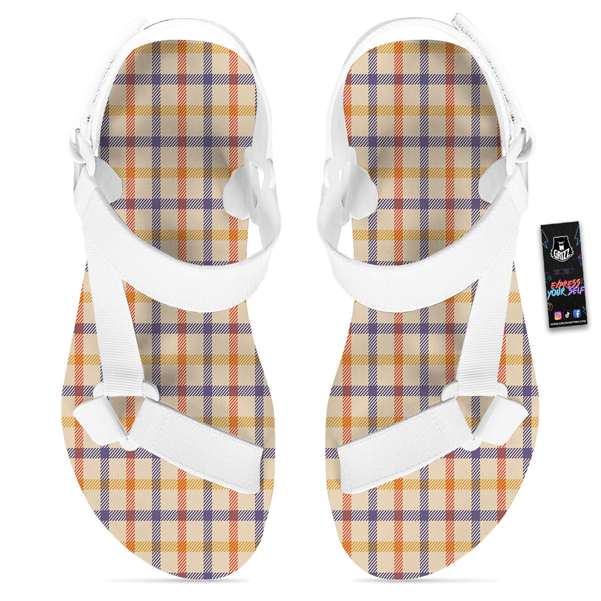 Tattersall Orange And Purple Print Pattern White Open Toe Sandals-grizzshop