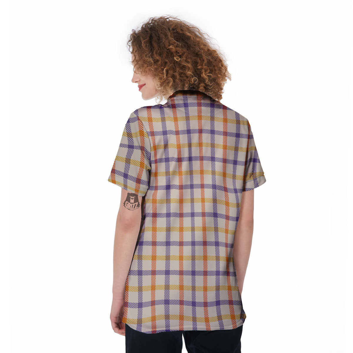 Tattersall Orange And Purple Print Pattern Women's Golf Shirts-grizzshop