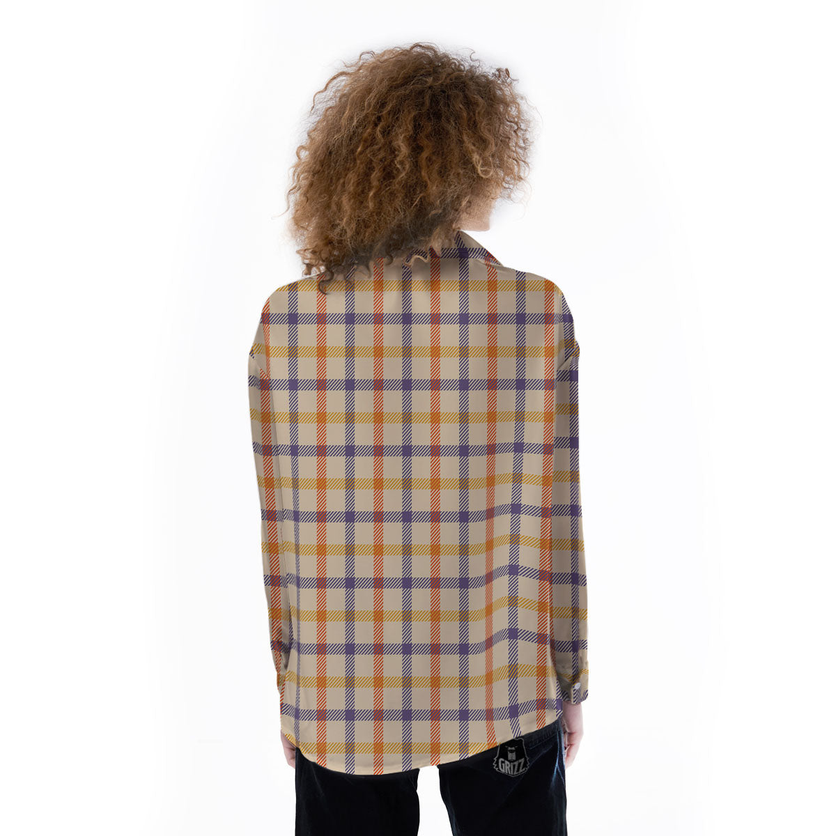 Tattersall Orange And Purple Print Pattern Women's Long Sleeve Shirts-grizzshop
