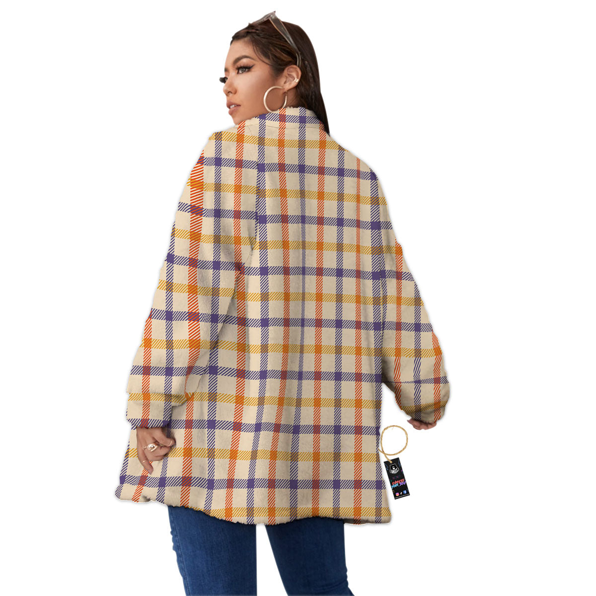 Tattersall Orange And Purple Print Pattern Women's Sherpa Jacket-grizzshop