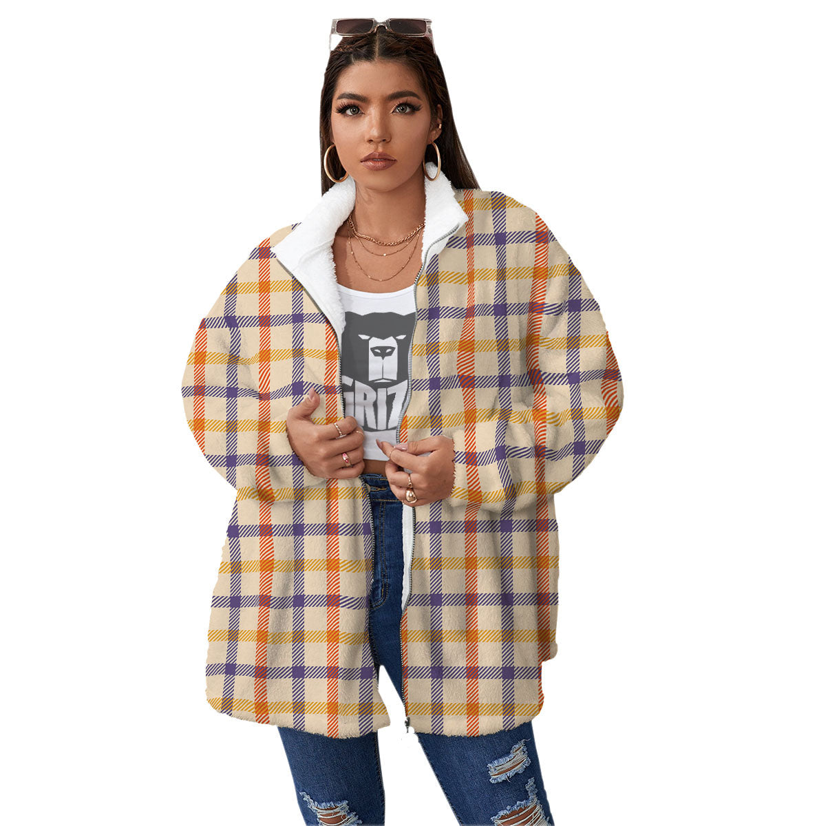 Tattersall Orange And Purple Print Pattern Women's Sherpa Jacket-grizzshop