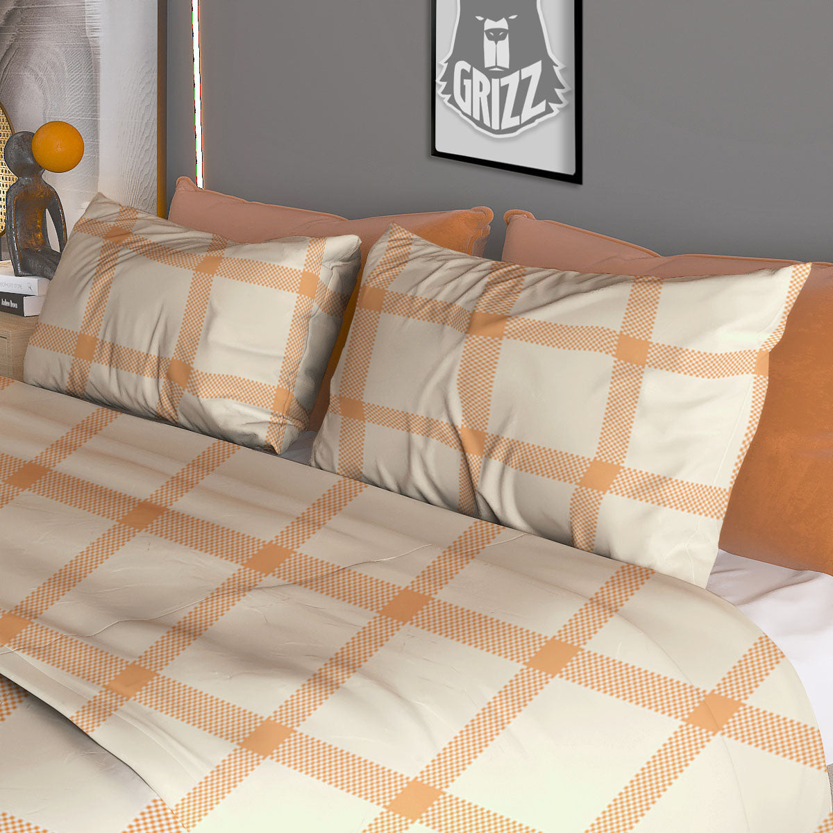 Tattersall Orange Pastel Print Pattern Duvet Cover Bedding Set