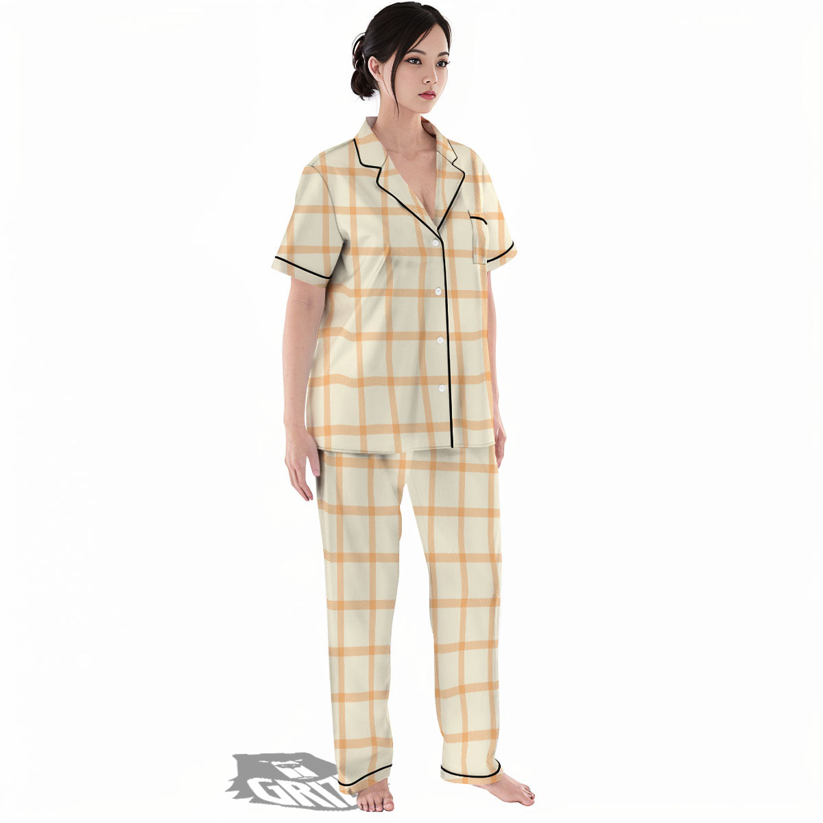 Tattersall Orange Pastel Print Pattern Women's Pajamas Set-grizzshop