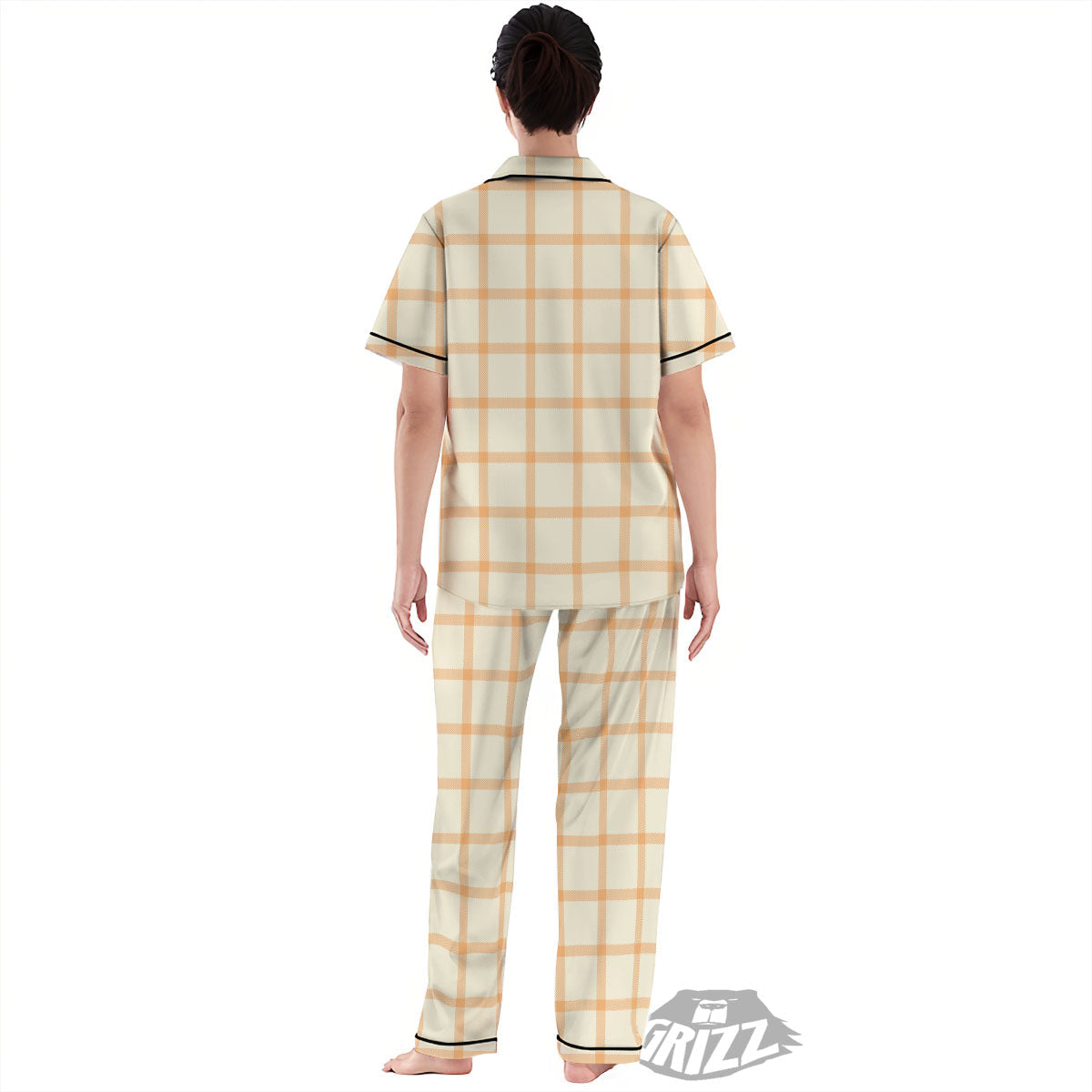 Tattersall Orange Pastel Print Pattern Women's Pajamas Set-grizzshop