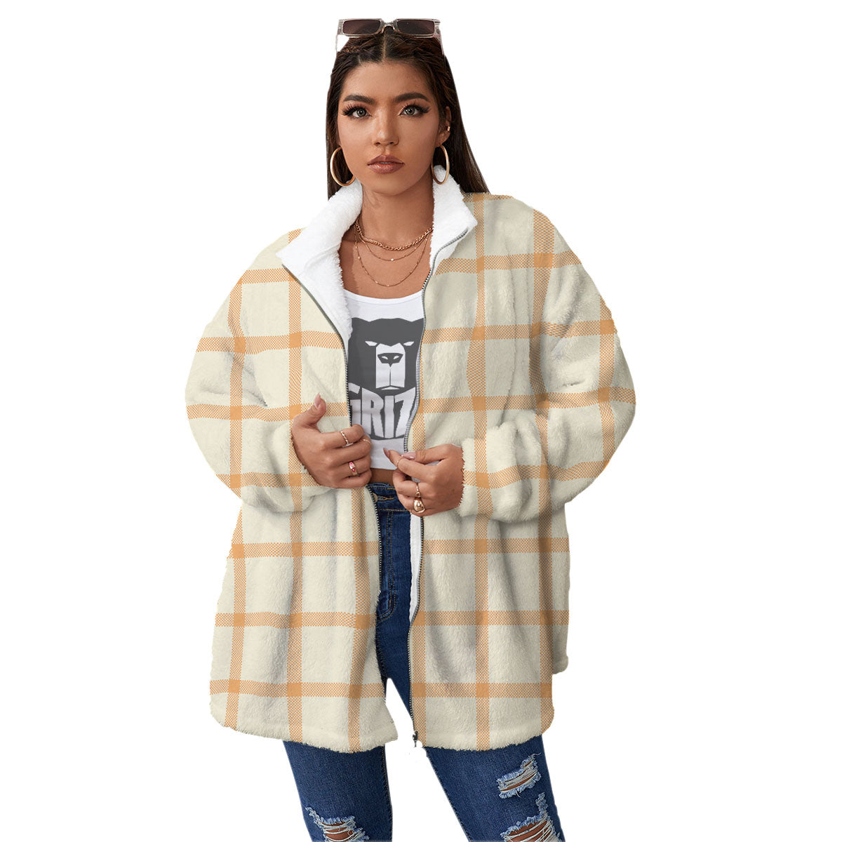 Tattersall Orange Pastel Print Pattern Women's Sherpa Jacket-grizzshop