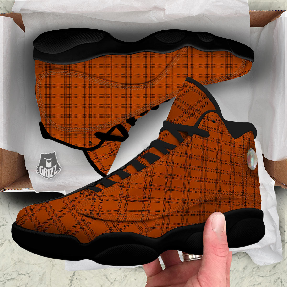 Tattersall Orange Print Pattern Black Basketball Shoes-grizzshop