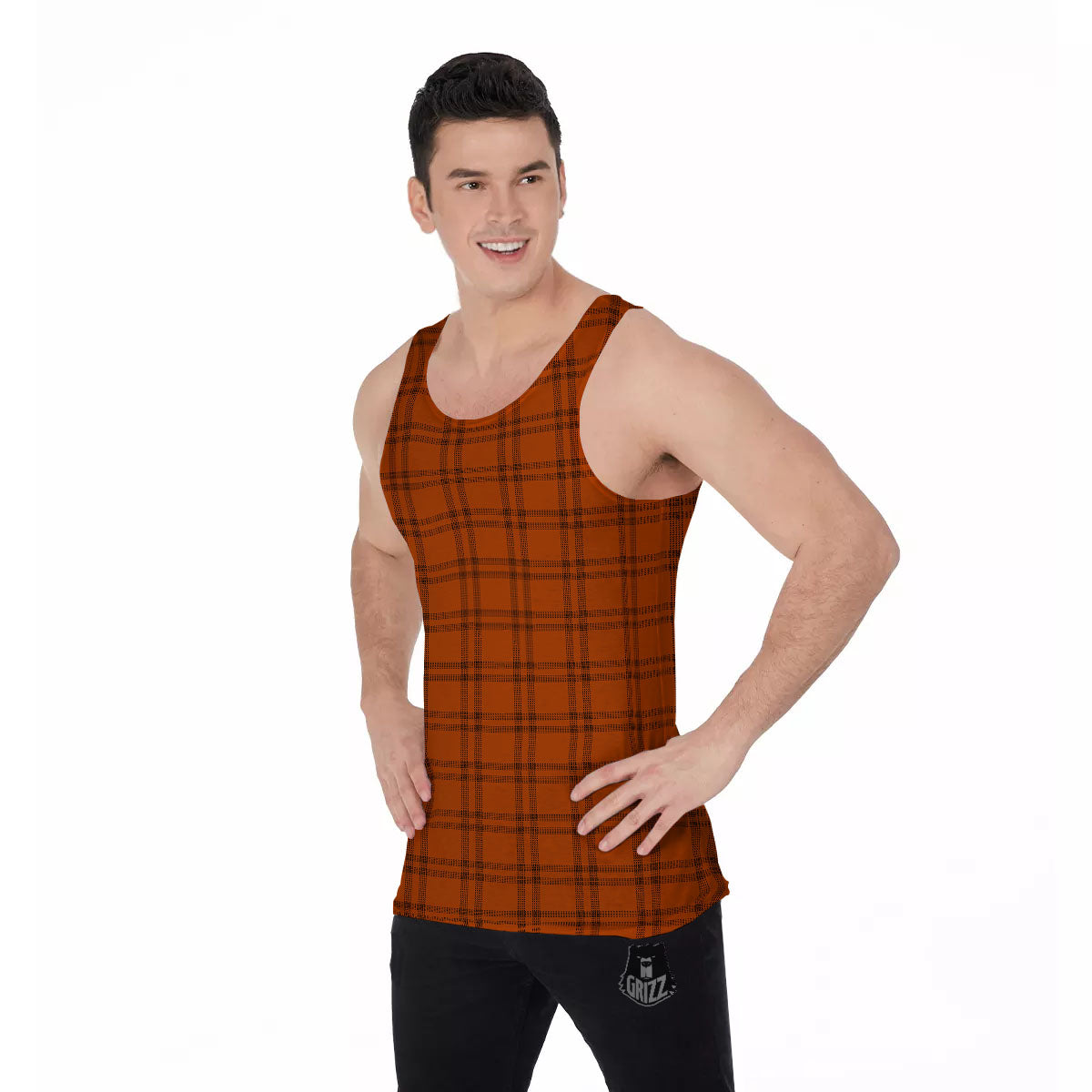 Tattersall Orange Print Pattern Men's Tank Top-grizzshop