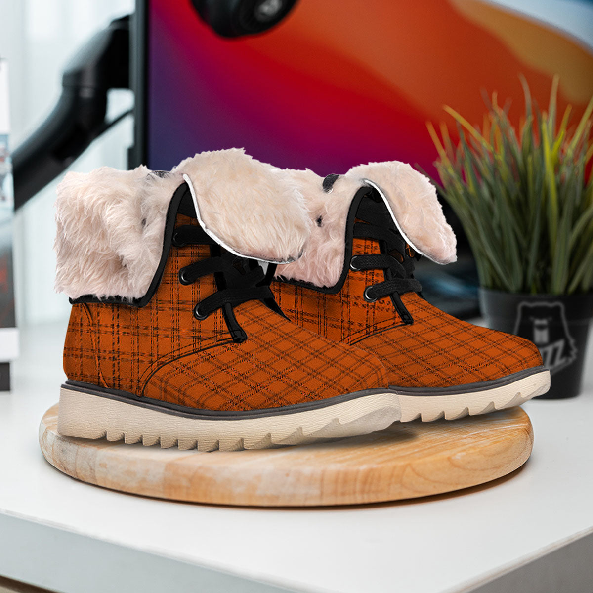 Tattersall Orange Print Pattern Snow Boots-grizzshop