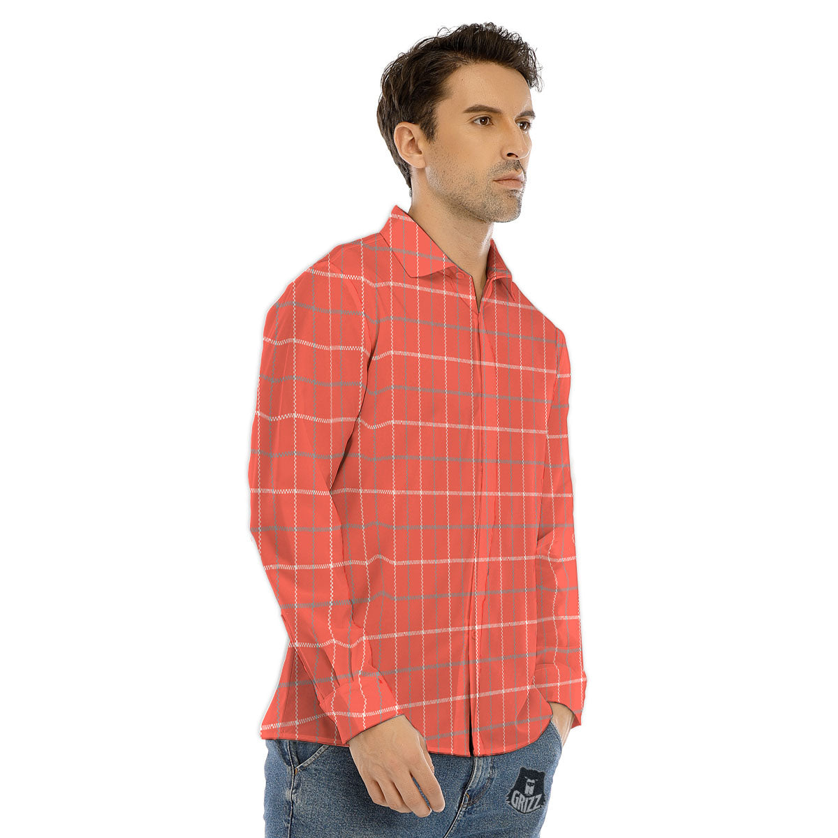 Tattersall Pastel Orange Print Pattern Men's Dress Shirts-grizzshop