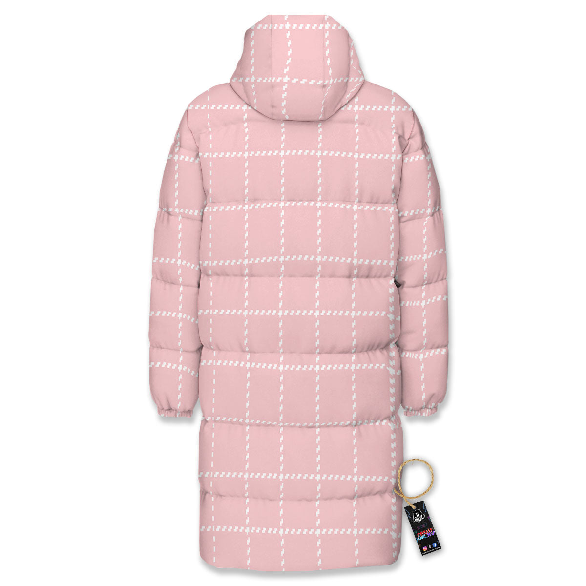 Tattersall Pastel Pink Print Pattern Long Down Jacket-grizzshop