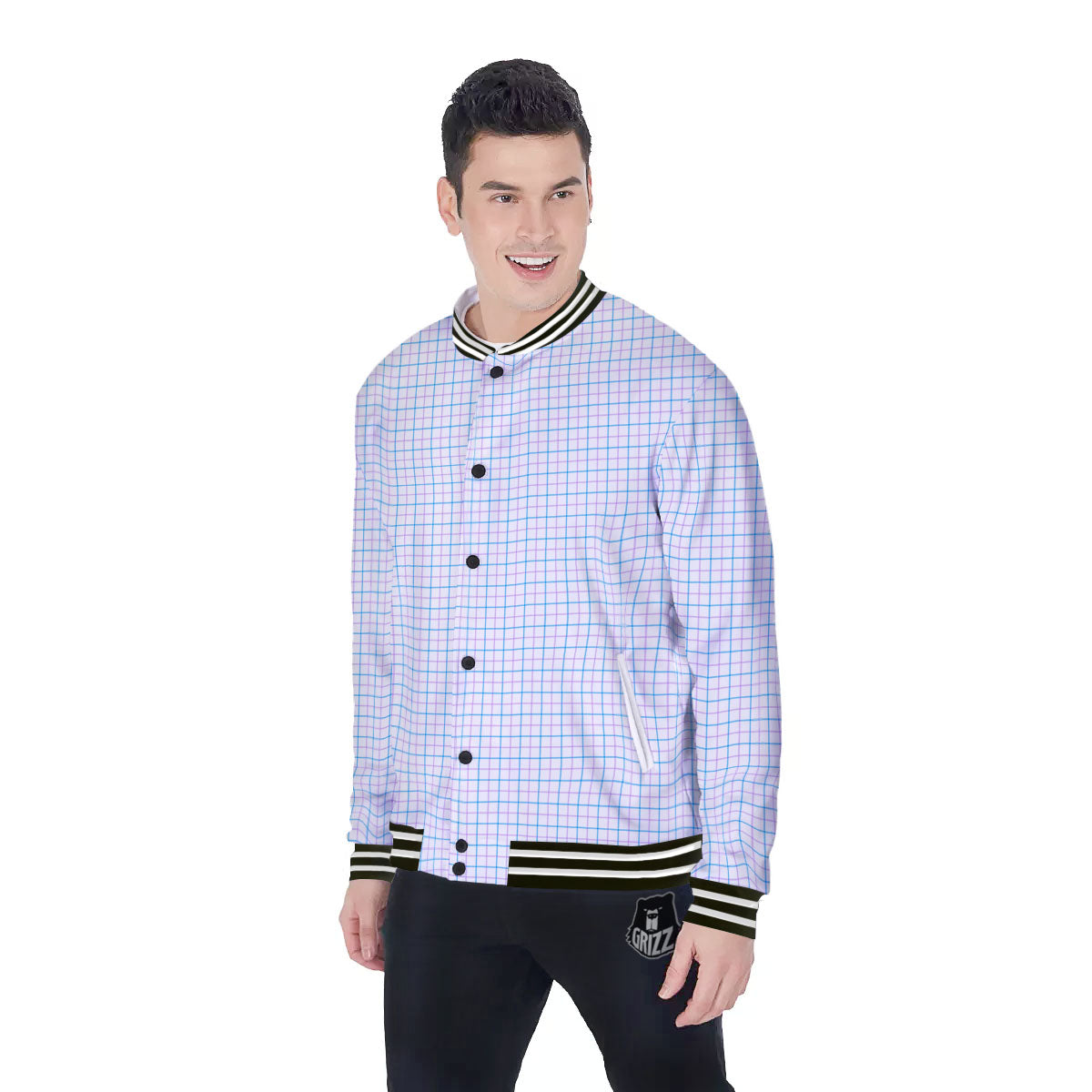 Tattersall Purple And Blue Line Print Pattern Baseball Jacket-grizzshop