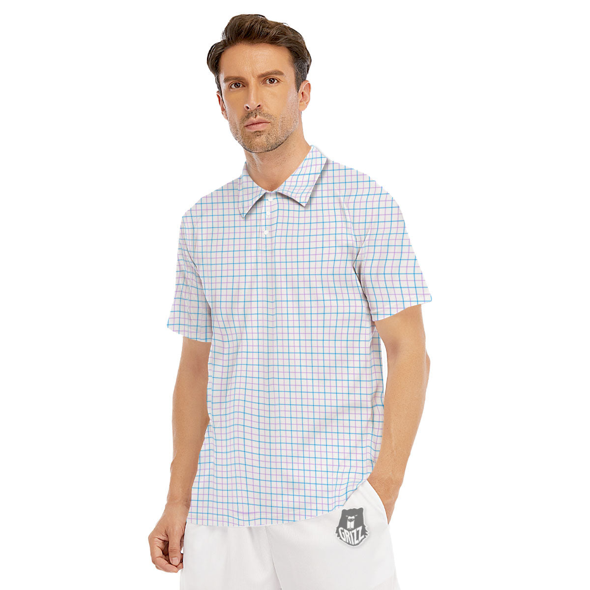 Tattersall Purple And Blue Line Print Pattern Men's Golf Shirts-grizzshop