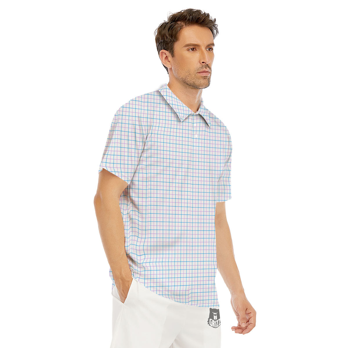 Tattersall Purple And Blue Line Print Pattern Men's Golf Shirts-grizzshop