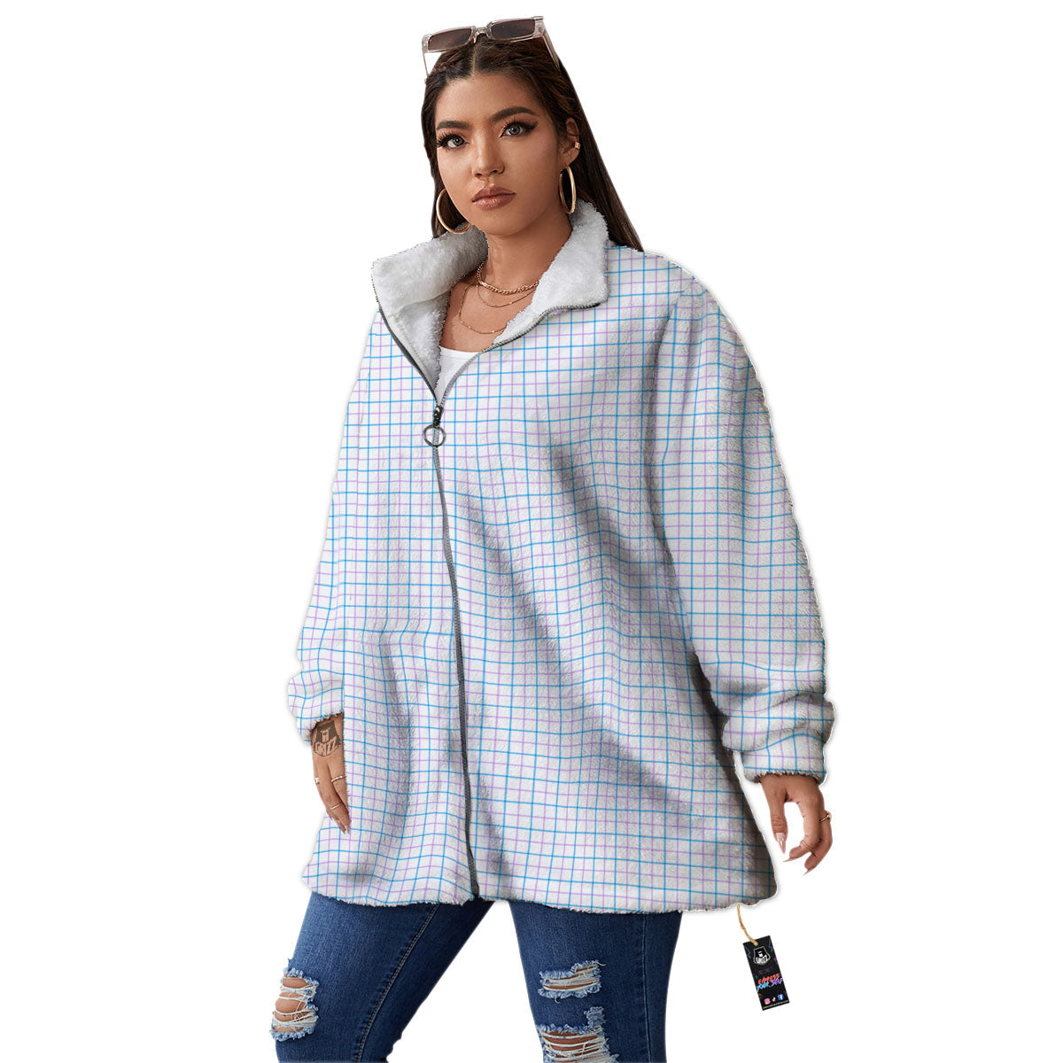 Tattersall Purple And Blue Line Print Pattern Women's Sherpa Jacket-grizzshop