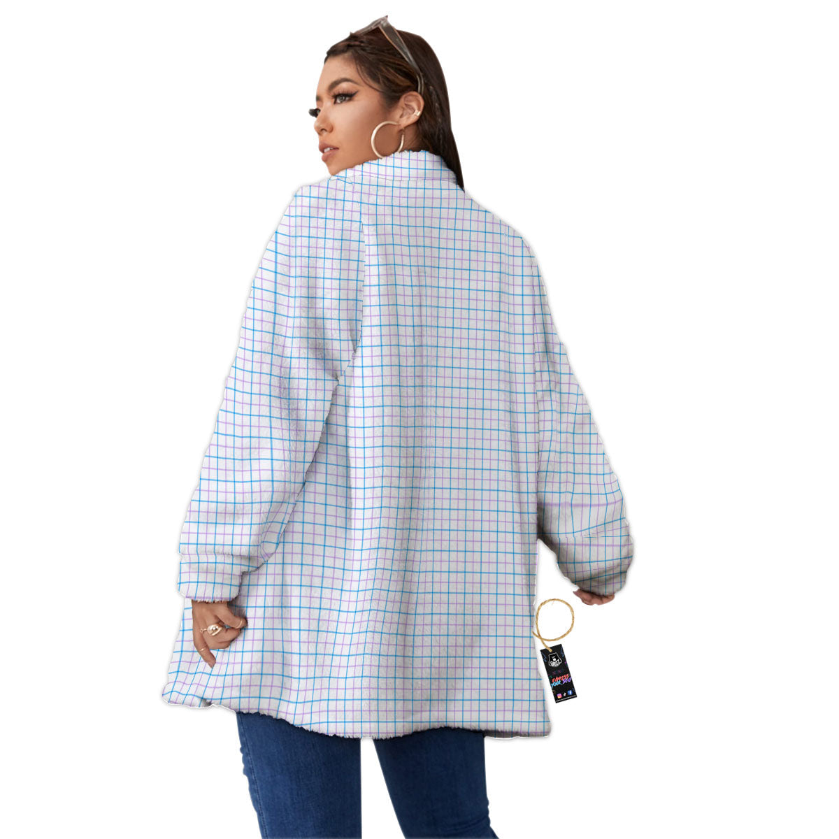 Tattersall Purple And Blue Line Print Pattern Women's Sherpa Jacket-grizzshop