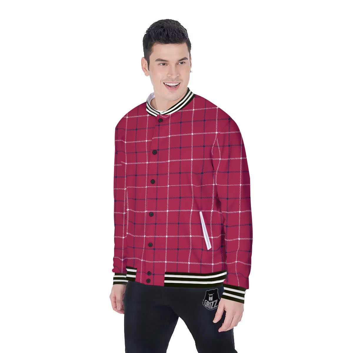Tattersall Red Print Pattern Baseball Jacket-grizzshop